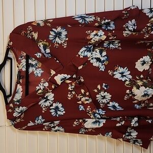 Signature STUDIO Floral Maroom Sheer Bell Sleeve Ruffled Top Large